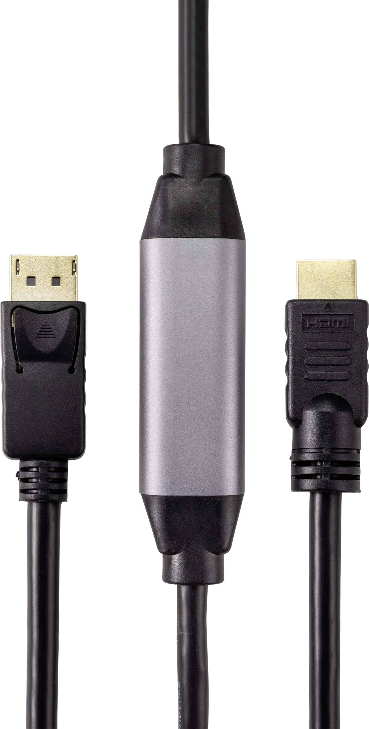 Černý kabel s konektory HDMI a DisplayPort. Uprostřed kabelu je umístěno stříbrné pouzdro.