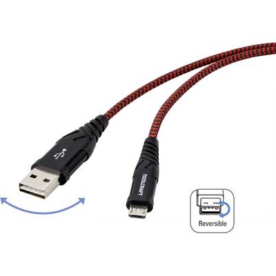 USB-Micro USB kabel s červeným textilním opletením, zobrazující symbol „Reversible" pro oboustranné použití konektoru.