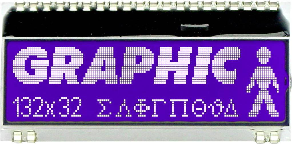 Zobrazení s textem 'GRAPHIC 132x32 ΣλΦΠΟδ' v pixelové čitelnosti, vedle stylizovaná postava na fialovém pozadí.