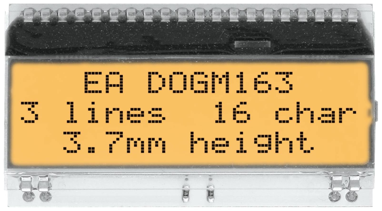 LCD displej s nápisem 'EA DOGM163 3 řádky 16 znaků, výška 3,7 mm' na oranžovém pozadí.