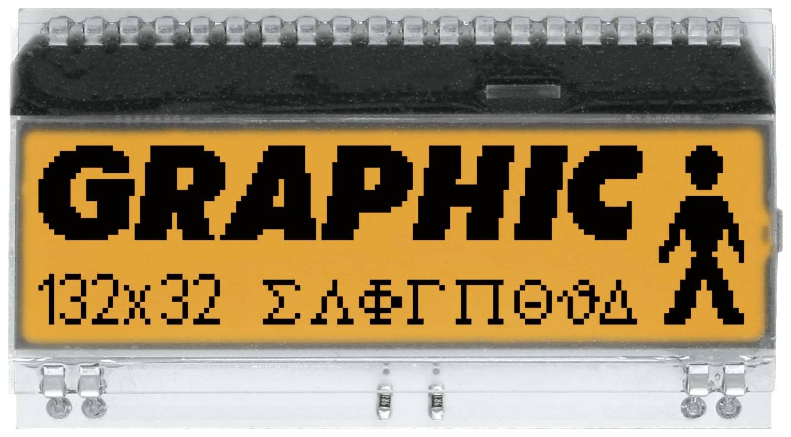 Grafický displej zobrazuje nápis 'GRAPHIC' a pixelovanou postavičku, pod nimi jsou čísla a písmena '132x32 ΣΛξΓΠΘΦΔ'.