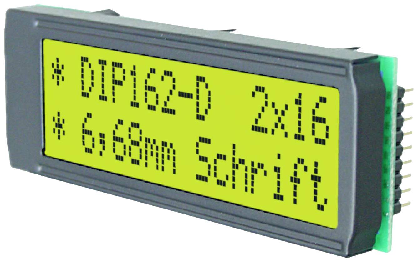 LCD displej se zeleným podsvícením zobrazuje 'DIP162-D 2x16' a '6x8mm písmo'.