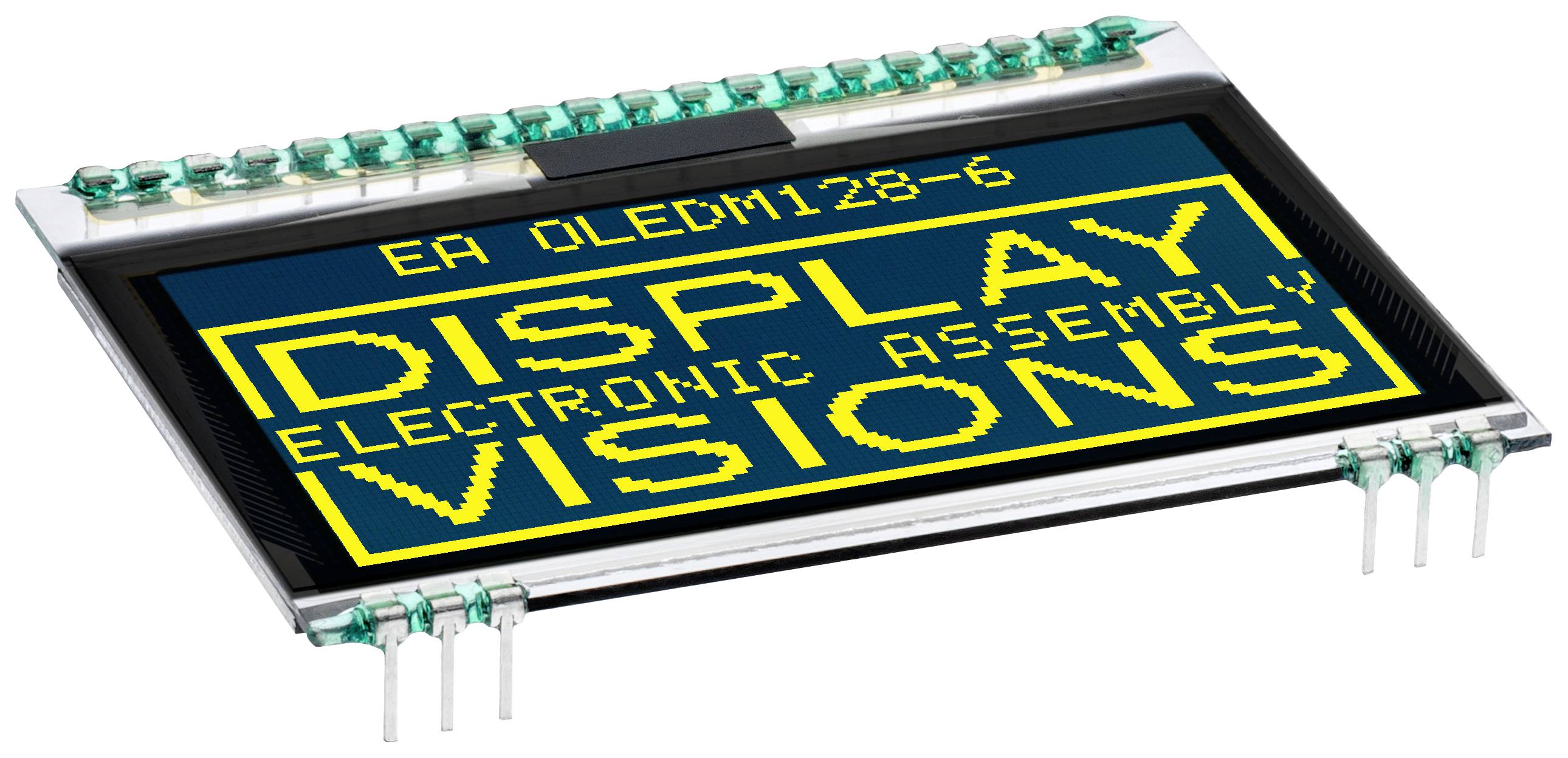 OLED displej se žlutým textem zobrazuje: 'DISPLAY VISIONS ELECTRONIC ASSEMBLY'. Je to obdélníkový elektronický díl.