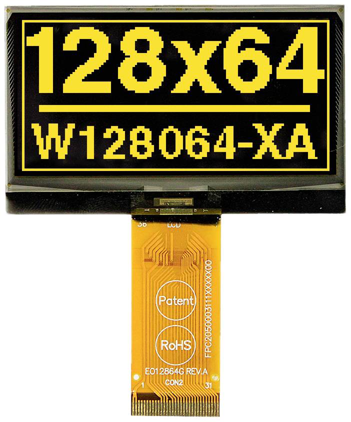OLED displej zobrazuje nápis '128x64 W128064-XA'. Pod ním jsou na flexibilním kabelu vyobrazeny certifikace 'Patent' a 'RoHS'.
