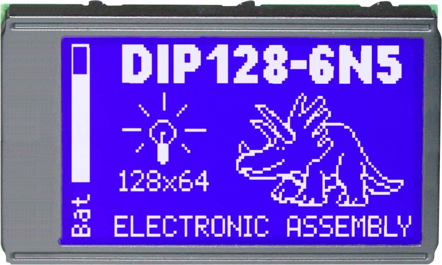 Grafika s modrým pozadím zobrazuje 'DIP128-6N5', indikátor baterie, symbol žárovky s '128x64', dinosaura a 'ELECTRONIC ASSEMBLY'.