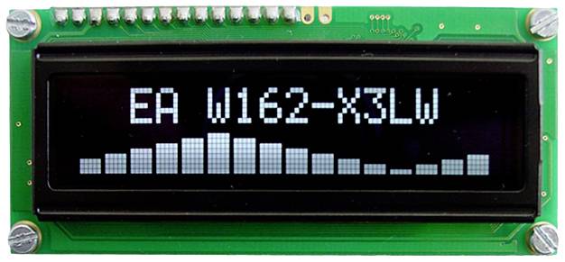 LCD displej zobrazuje 'EA W162-X3LW' a níže sloupcový graf s postupně se zvyšujícími a klesajícími sloupci v řadě.