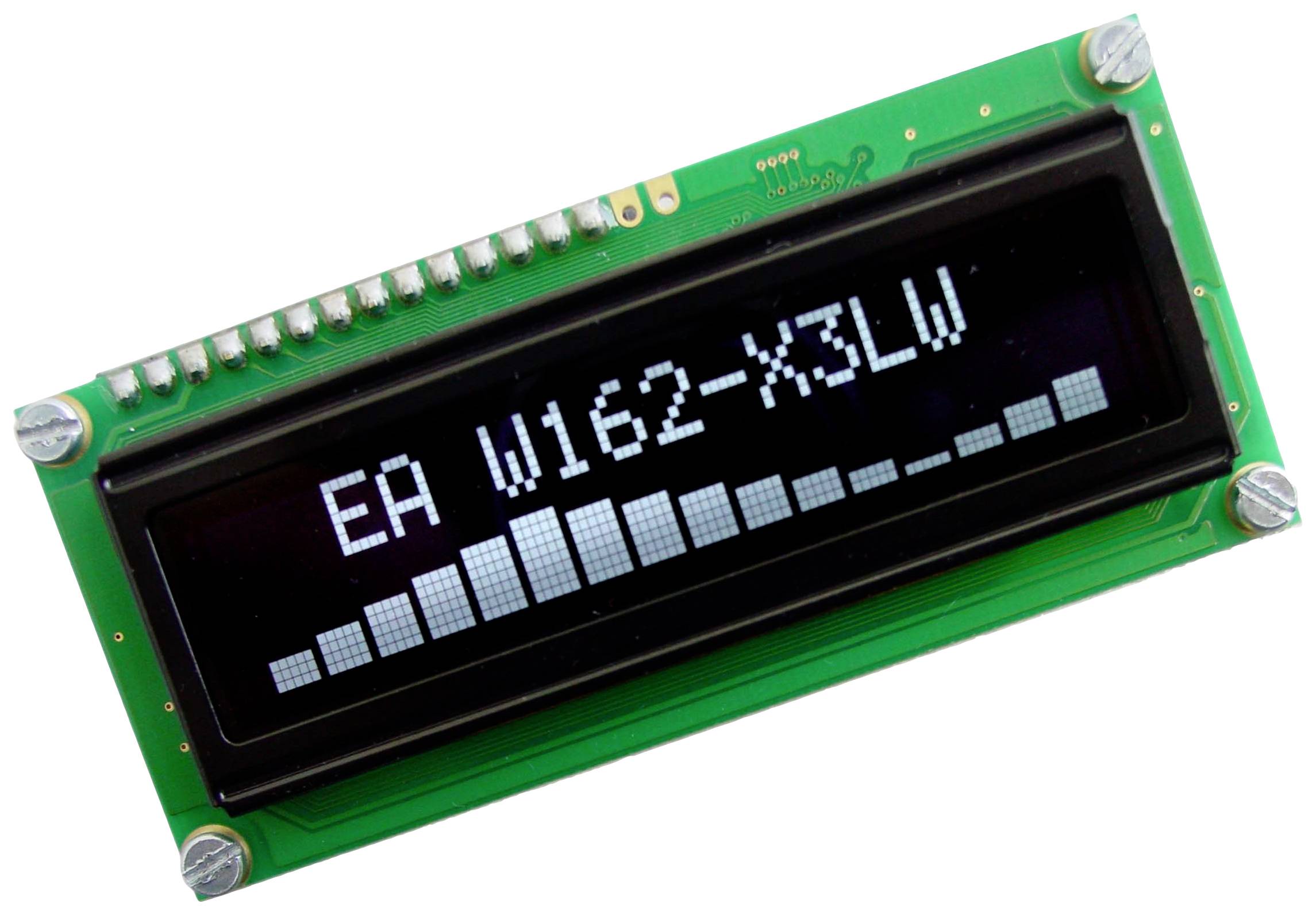LCD displej se zelenou deskou zobrazuje 'EA W162-X3LW' a níže obsahuje sloupcové grafy, které pravděpodobně reprezentují nějaká data.