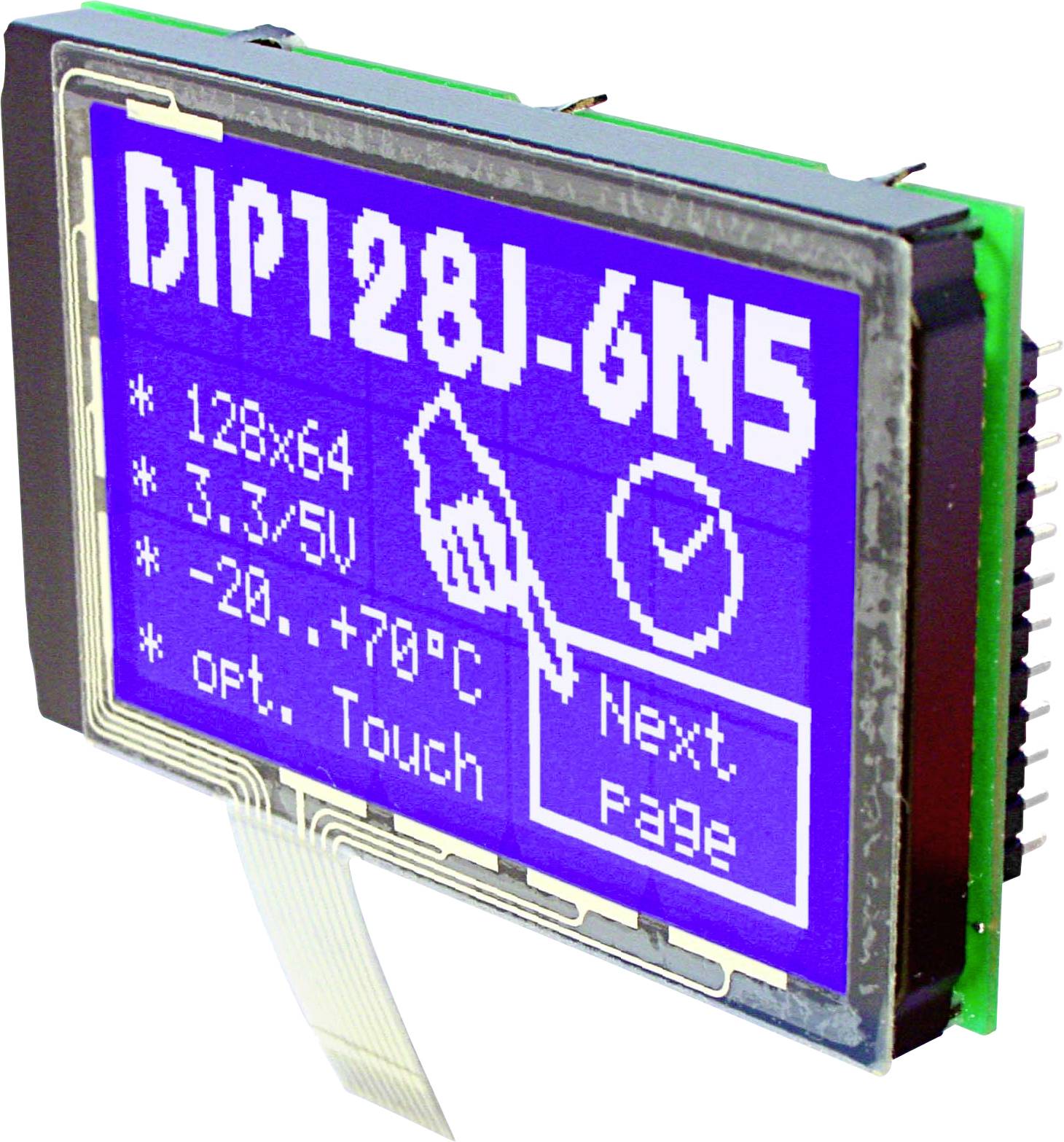 Modré LCD displej s číslem modelu 'DIP128J-6N5'. Specifikace: 128x64, 3,3/5V, -20°C až +70°C, volitelný dotykový displej.
