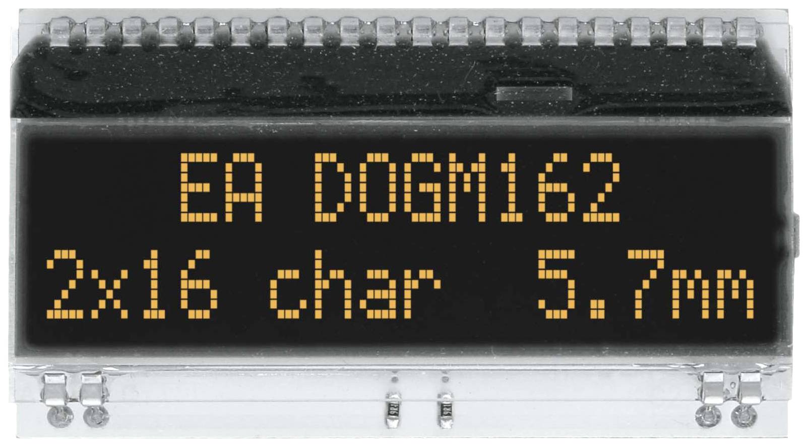 LCD displej s oranžovým textem: 'EA DOGM162 2x16 znaků 5,7mm'. Zobrazuje technické specifikace displeje.