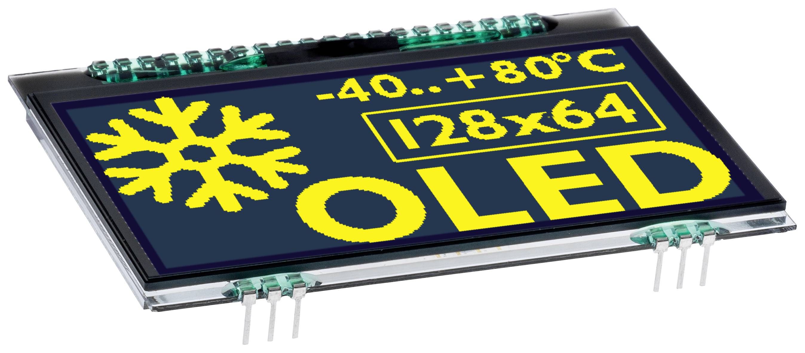 Obdélníkový OLED displej s žlutým nápisem '128x64', sněhovou vločkou a teplotním rozsahem '-40..+80°C'.