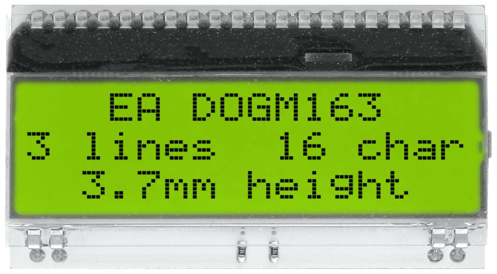 LCD displej se zeleným pozadím zobrazuje text: 'EA DOGM163 3 řádky 16 znaků 3,7mm výška'.