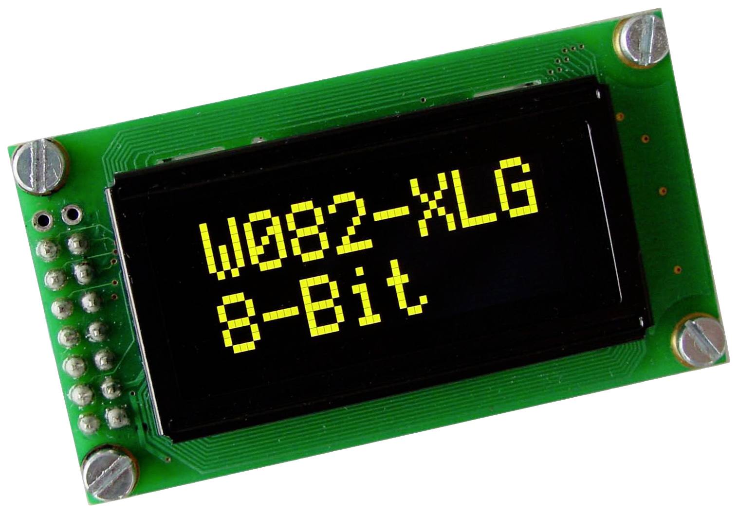 LCD displej s nápisem 'W082-XLG 8-bit'. Elektronická obrazovka, pravděpodobně pro technické aplikace.