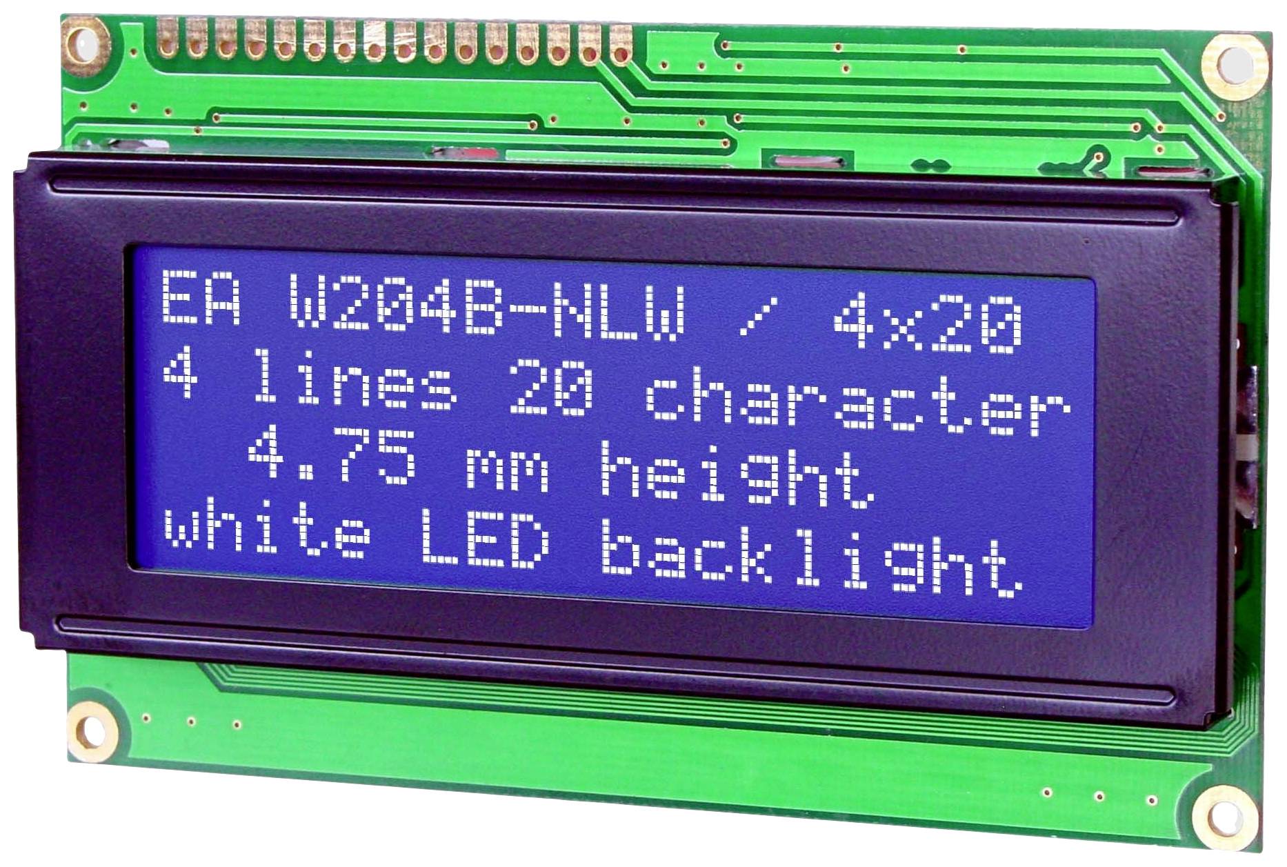LCD displej s modrým pozadím a bílým písmem zobrazuje 'EA W204B-NLW', 4 řádky, 20 znaků, výška 4,75 mm, bílé LED podsvícení.