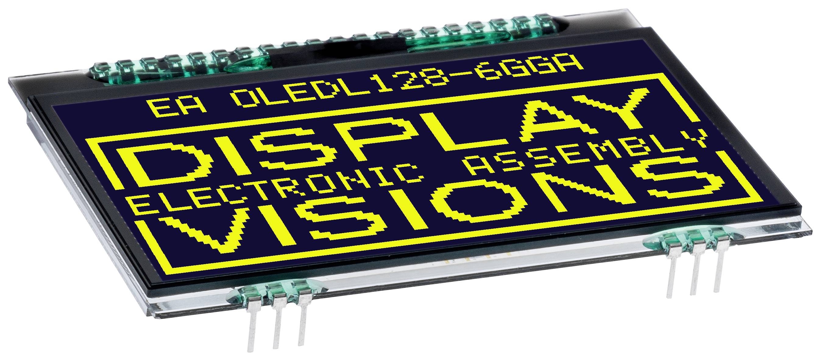 OLED displej s nápisem 'DISPLAY VISIONS ELECTRONIC ASSEMBLY EA OLEDL128-6GGA' žlutým písmem na černém pozadí.