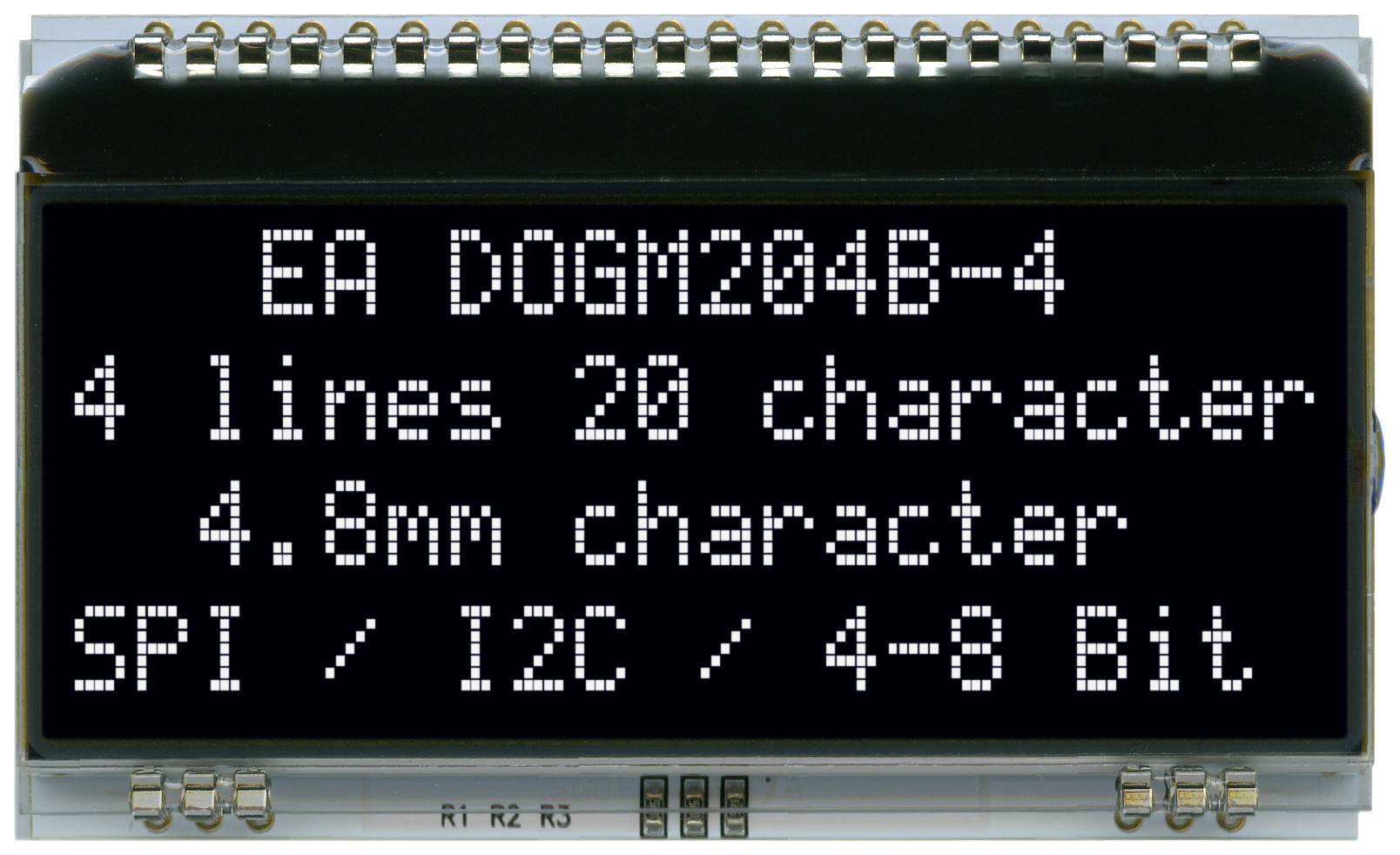 'EA DOGM204B-4 LCD displej, 4 řádky, 20 znaků na řádek, výška znaku 4,8 mm. Podporuje rozhraní SPI, I2C a 4-8 bitové rozhraní.'