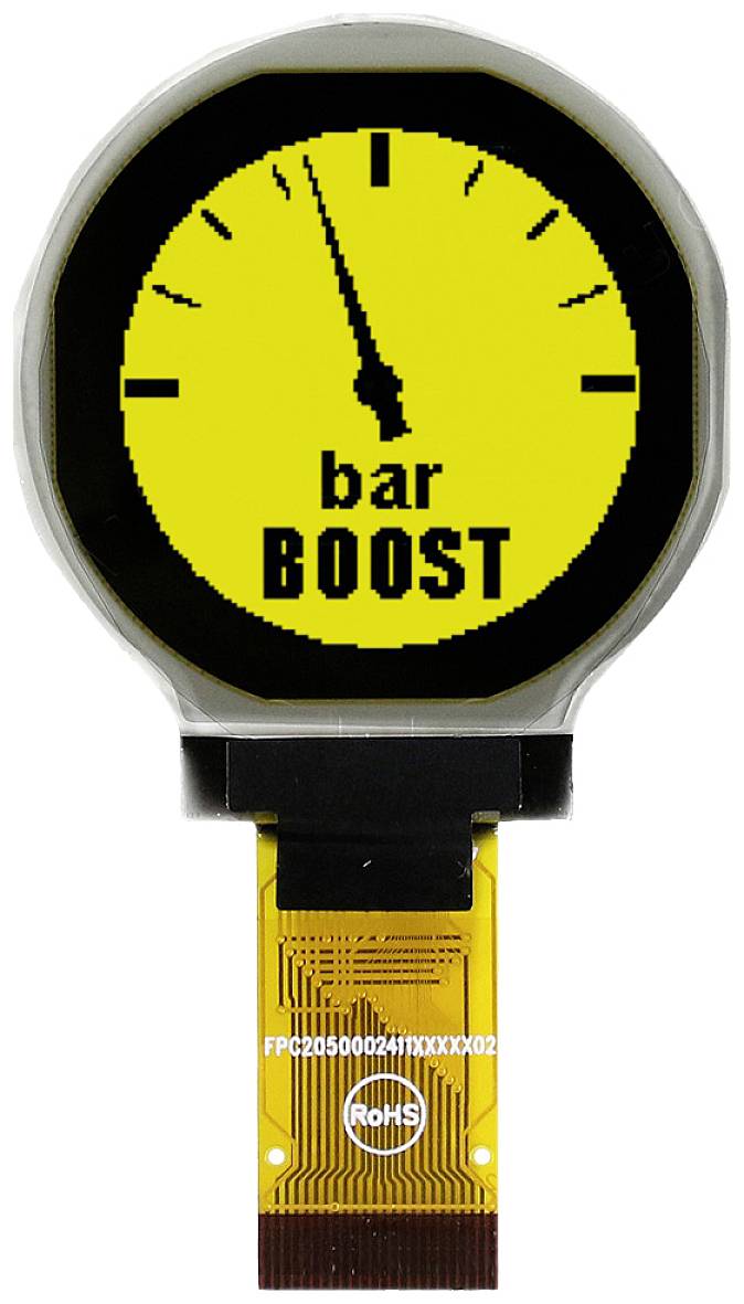 Kulaté zobrazovací displej ukazuje tlak v 'bar BOOST', ukazatel je těsně nad 3 na žlutém pozadí.