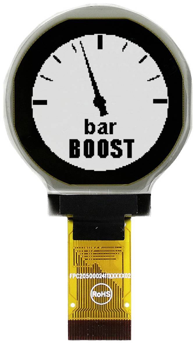 Zobrazení kruhové stupnice s rozsahem od 0 do 1,5. Ukazatel je nastaven na 0. Pod stupnicí je nápis 'bar BOOST'.