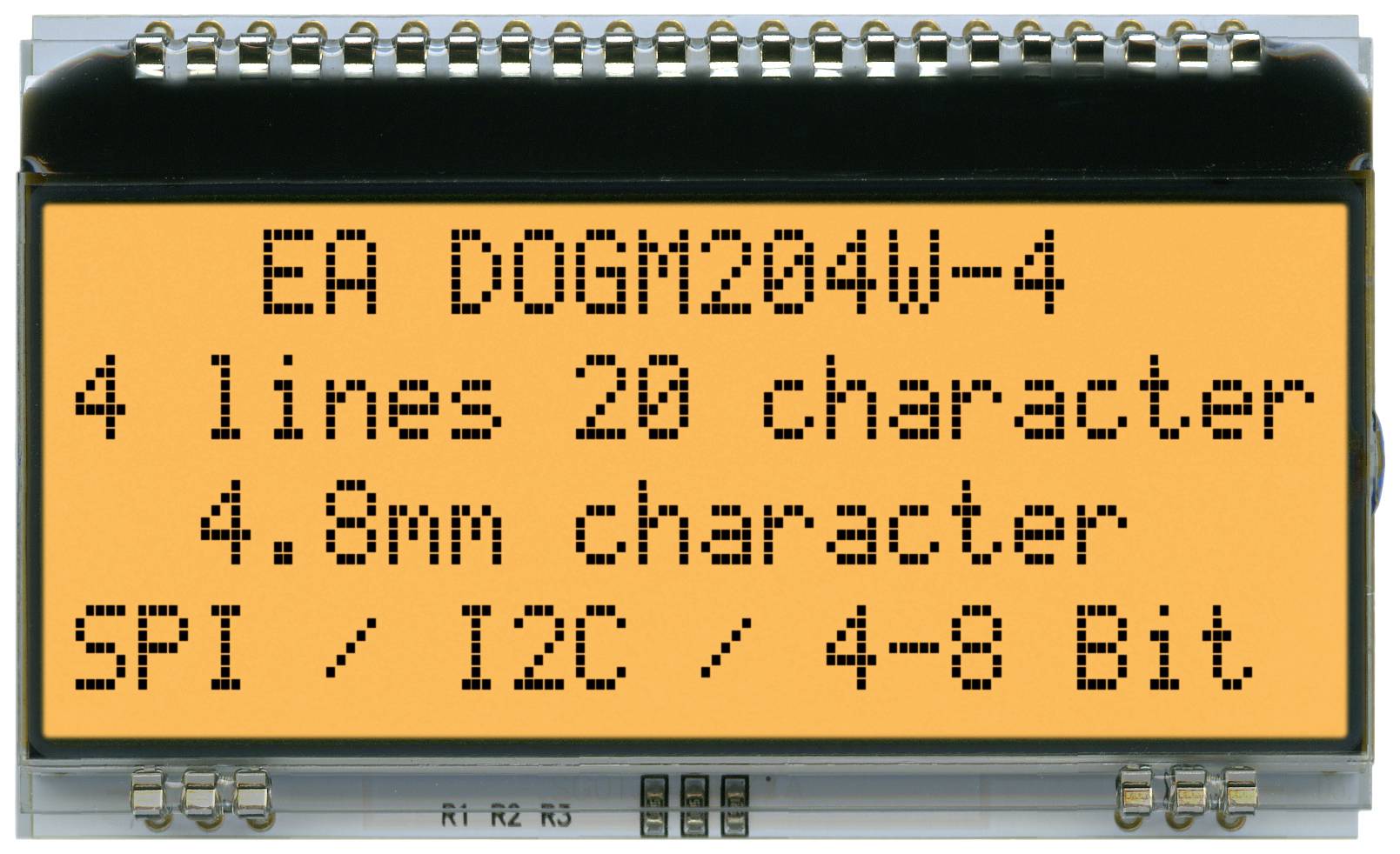 Displej zobrazuje: 'EA DOGM204W-4, 4 řádky 20 znaků, znaky 4,8 mm, SPI / I2C / 4-8 bitů'.