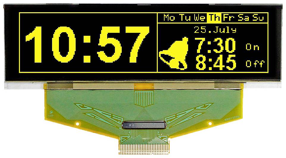 Budík: Čas '10:57', Datum '25. července'. Časy buzení: '7:30 Zapnuto', '8:45 Vypnuto'. Dny v týdnu nahoře: 'Po Út St Čt Pá So Ne'.
