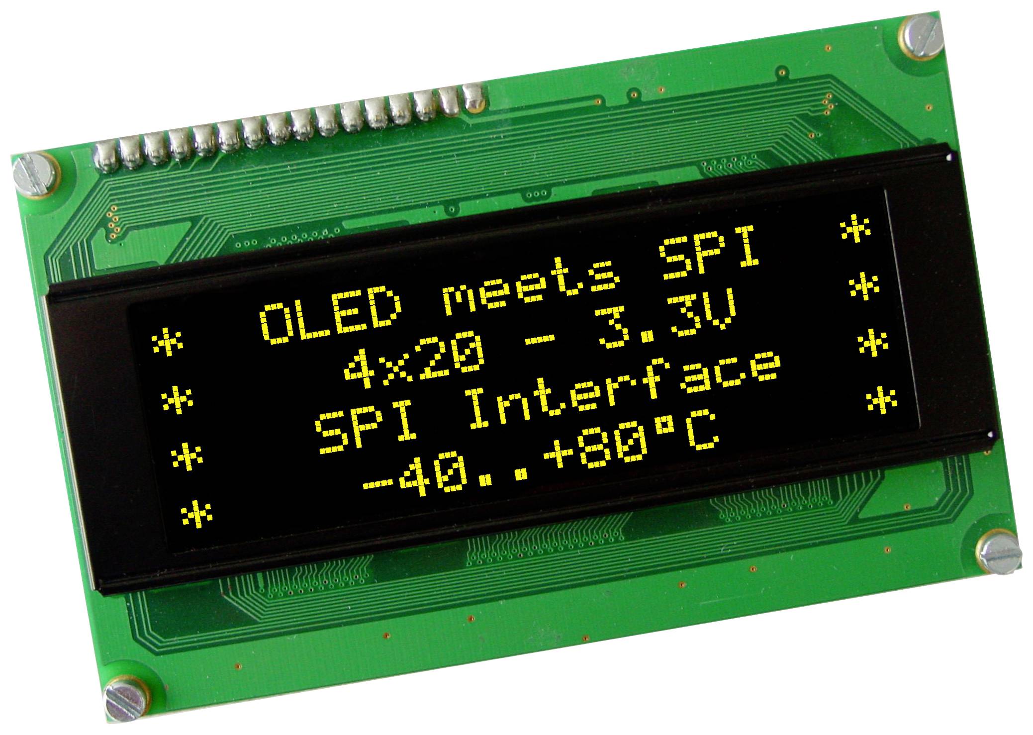 OLED displej zobrazuje text: 'OLED meets SPI 4x20 - 3.3V SPI rozhraní -40...+80°C'. 20x4 znaků, zelené podsvícení, černý text.