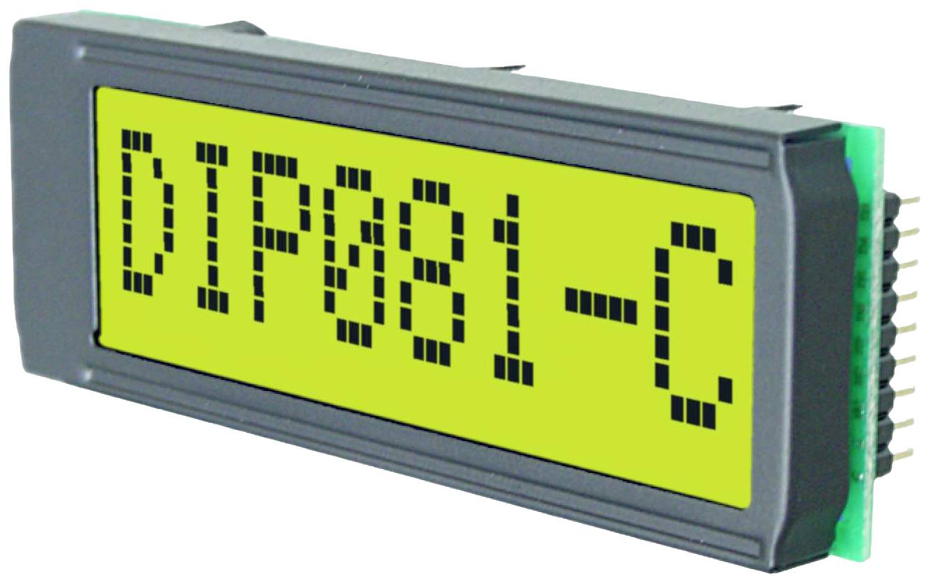 Zobrazovací displej se zeleným podsvícením zobrazuje 'DIP081-C'. Elektronická součástka, pravděpodobně určená pro zobrazení zařízení.