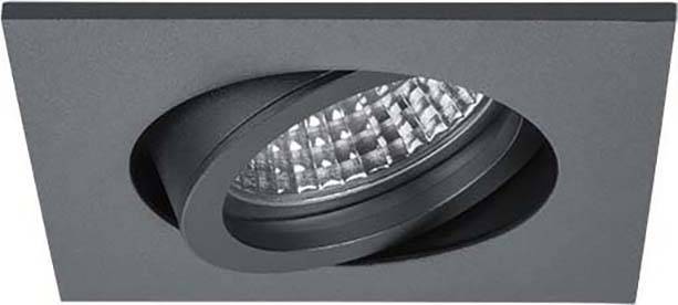 Vestavný LED reflektor v nastavitelném čtvercovém rámu, určený pro montáž na strop, tmavé provedení, vhodný pro směrové osvětlení.