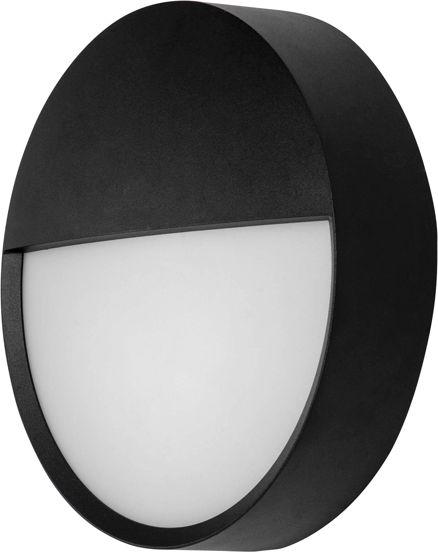 Černá venkovní nástěnná lampa v půlkruhovém tvaru s bílým difuzorem, který rovnoměrně rozptyluje světlo. Ideální pro moderní osvětlení zahrady.