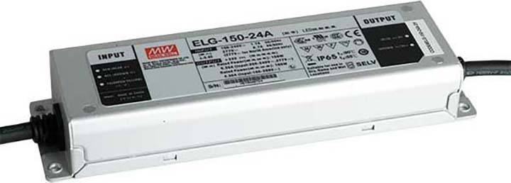 Obdélníkový LED driver, model 'ELG-150-24A', s vstupními a výstupními svorkami. Na krytu jsou vytištěny specifikace.