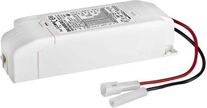 Bílý elektronický LED budič v krabičce s vytištěnými specifikacemi a dvěma výraznými červenými a černými kabely s konektory.