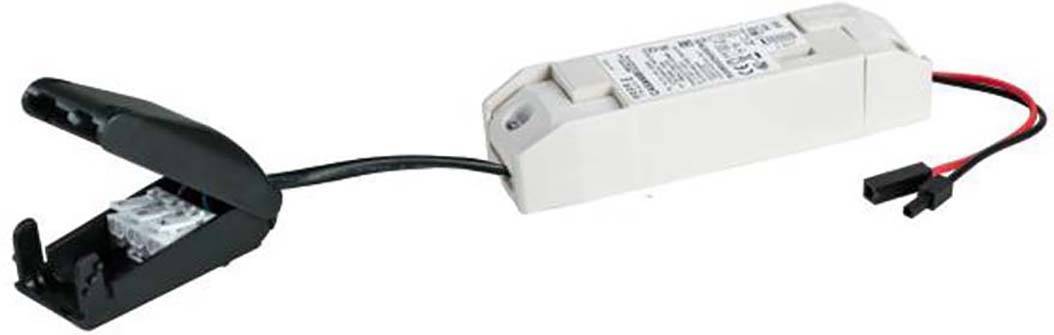Kompaktní bílý elektrický transformátor s černou kabelovou svorkou; určený pro konverzi napětí v LED osvětlovacích systémech.