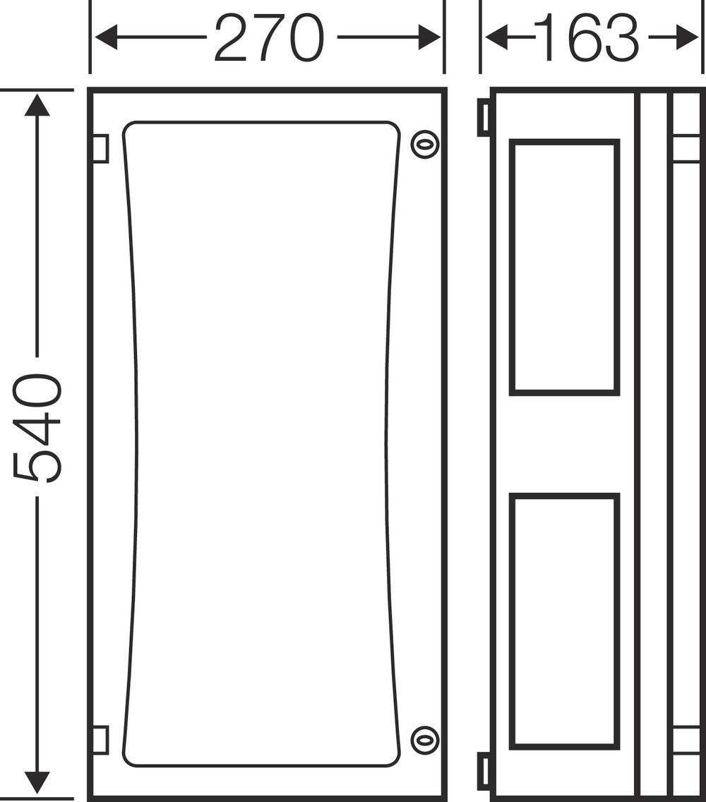 Technický výkres obdélníkové krabice o rozměrech 270 x 163 x 540 mm. Zobrazuje přední a boční pohled.