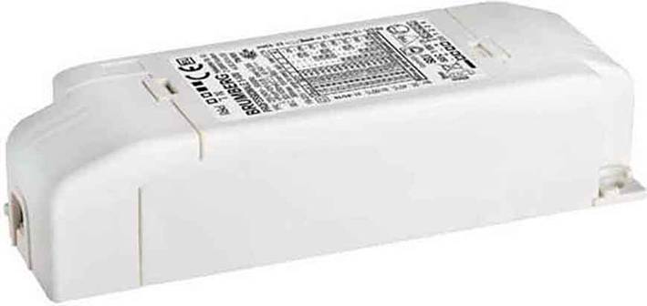 Elektronický předřadník pro LED svítidla v bílém pouzdře. Na povrchu zobrazuje technické specifikace a bezpečnostní certifikáty.