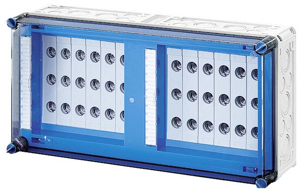 Modrá rozvodná skříň s několika otvory na bocích a vpředu, používaná pro kabeláž v elektroinstalacích.