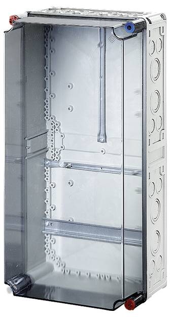 Pravoúhlý, průhledný rozvodný box z plastu s bočními otvory pro průchod kabelů. Používá se pro elektrické instalace.