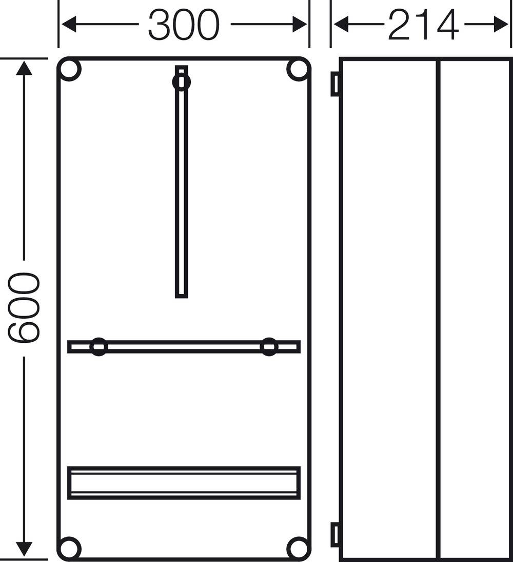 Technický výkres obdélníkového pouzdra o rozměrech 600 x 300 x 214 mm, boční pohled a čelní pohled.