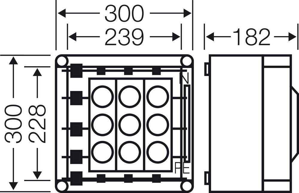 Technický výkres obdélníkového pouzdra s rozměry v milimetrech: 300x300x182. Pohled shora ukazuje kruhové otvory.