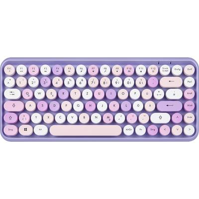 Fialová retro klávesnice s kulatými pastelově barevnými klávesami v růžové, bílé a fialové barvě. Klávesy jsou uspořádány v rozložení QWERTZ.