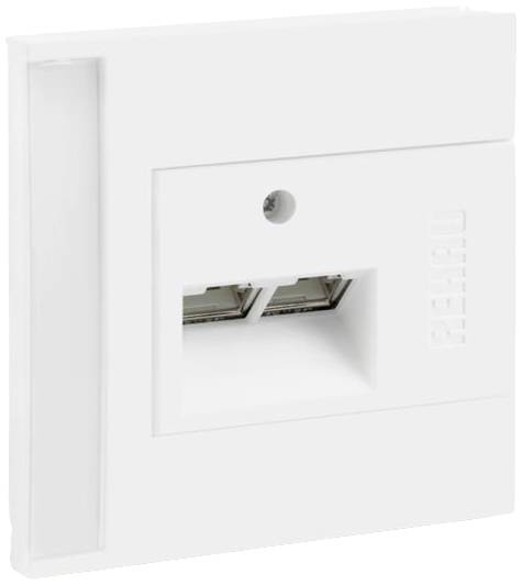 Bílá síťová zásuvka se dvěma ethernetovými porty, vhodná pro montáž na stěnu. Ideální pro domácí nebo kancelářské instalace.