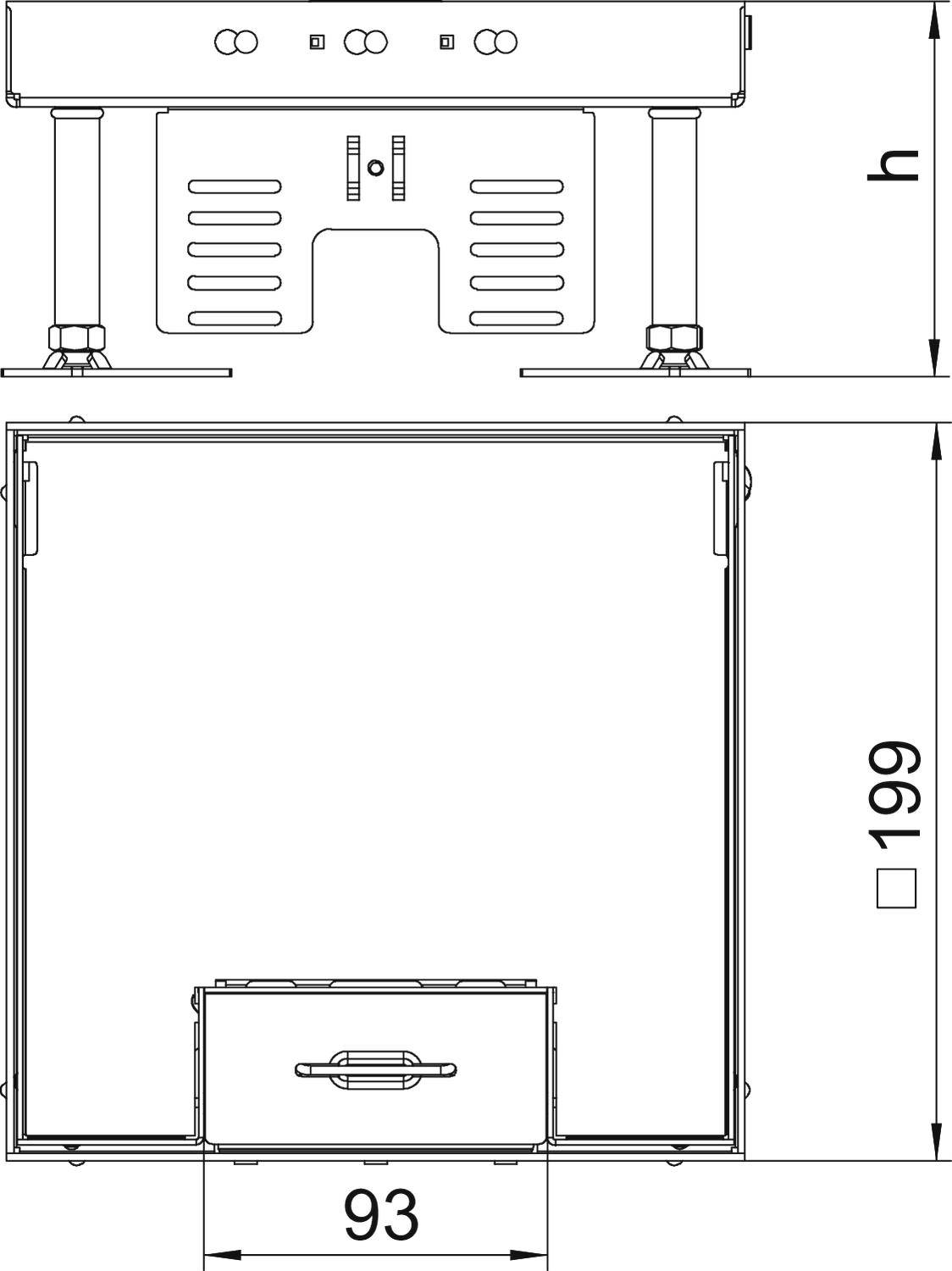 Technický výkres obdélníkového zařízení s větracími otvory, označený rozměry: šířka 93 mm, výška 199 mm.