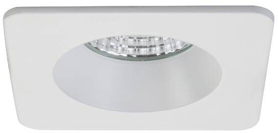 Bílé, čtvercové LED stropní svítidlo s kulatým stříbrným reflektorem, zabudované do stropu pro moderní interiérové osvětlení.