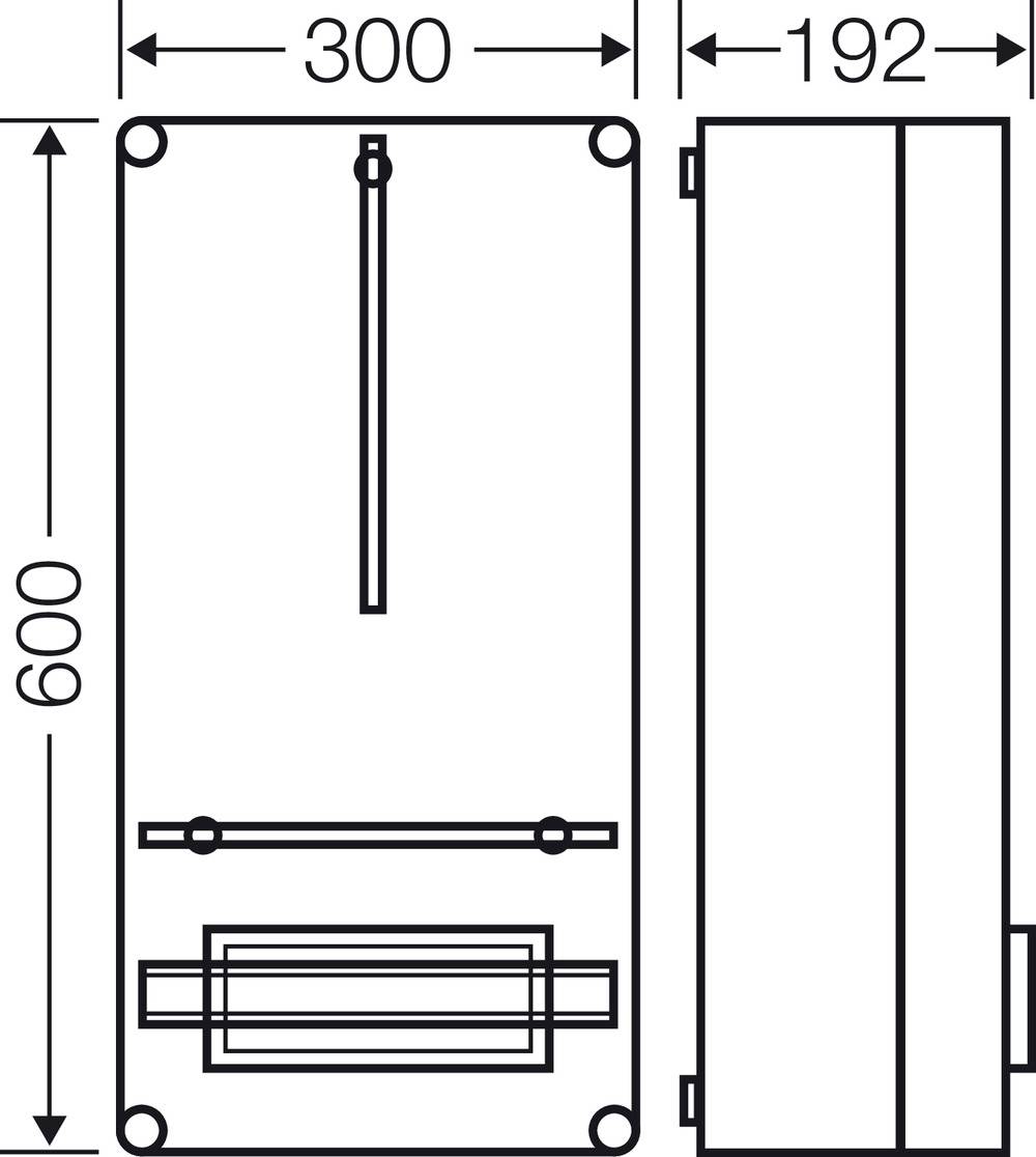 Technický výkres obdélníkové krabice s rozměry 300 mm x 600 mm x 192 mm, zobrazující přední a boční pohled.