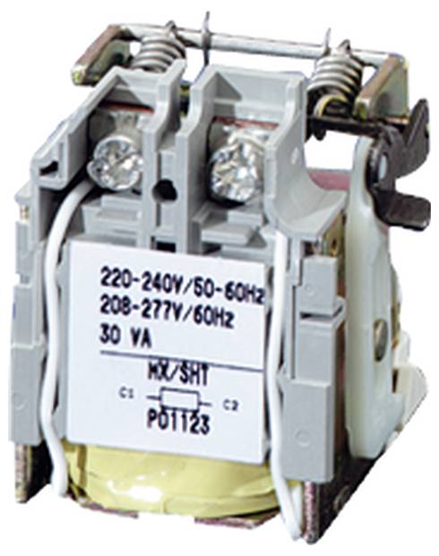 Elektrické relé s nápisem '220-240V/50-60Hz, 208-277V/60Hz, 30 VA, Pot123'. Nosná deska a pružiny viditelné.