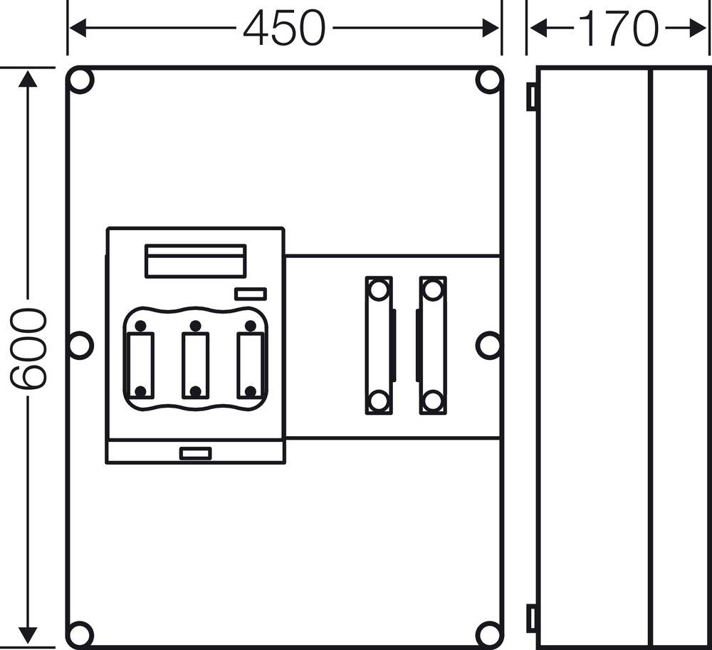 Technický výkres obdélníkové krabice o rozměrech 600 x 450 x 170 mm. Zobrazuje připojovací body zařízení a upevňovací body.