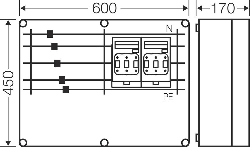 Schéma nástěnné montáže: Obdélníková skříň o rozměrech 600x450 mm, znázorňující kabeláž a přípojná místa pro elektrické přípojky N a PE.