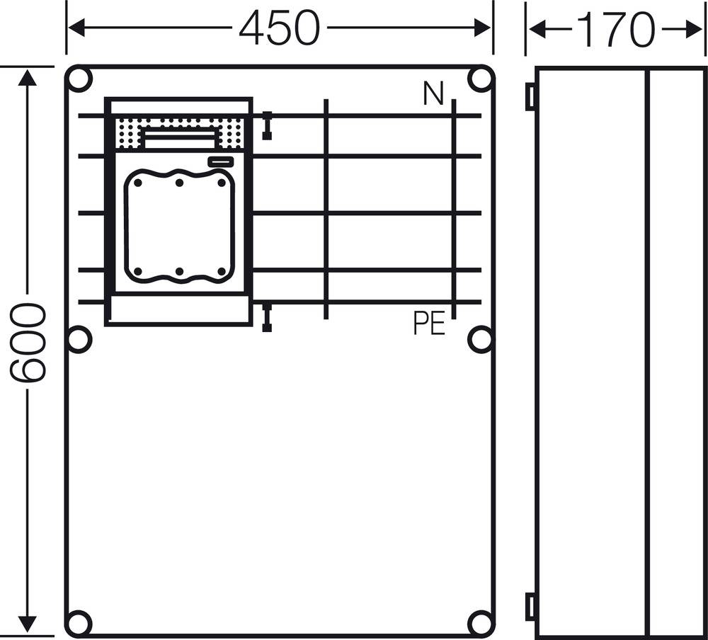 Schéma elektrické skříně s rozměry: 600 mm x 450 mm x 170 mm. Zobrazuje připojení pro 'N' (nulový vodič) a 'PE' (ochranný zemnicí vodič).