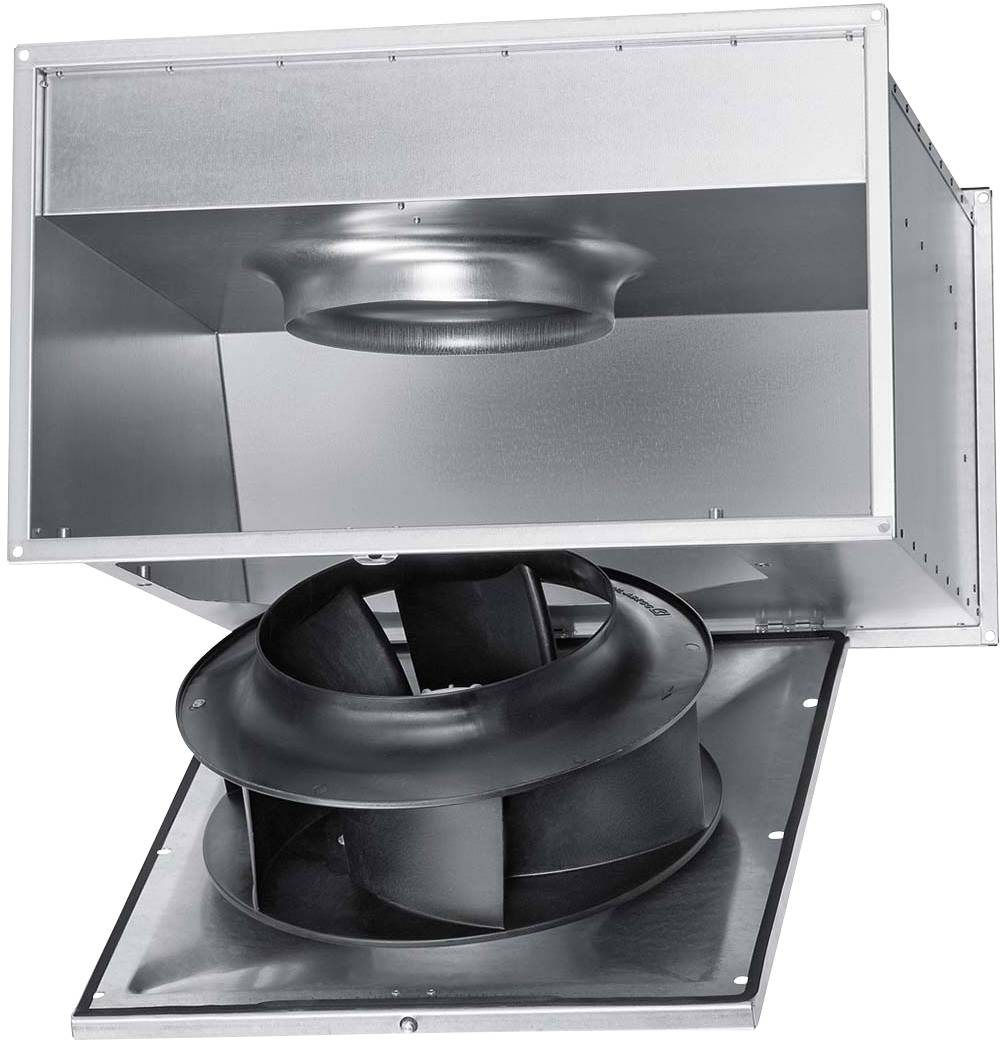 Kovový vestavný ventilátor s velkým oběžným kolem, částečně otevřený, pro znázornění vnitřní struktury.