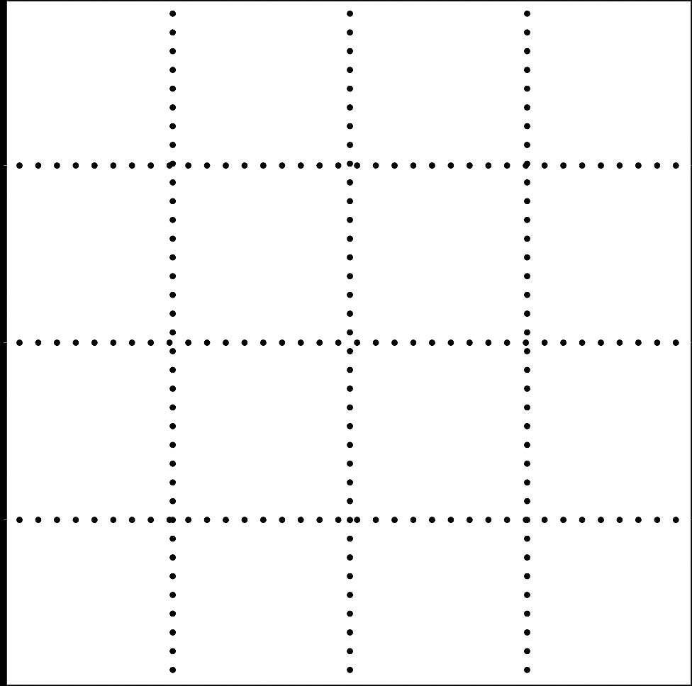 Mřížová síť černých bodů na bílém pozadí vytváří pravidelný vzor horizontálních a vertikálních čar.
