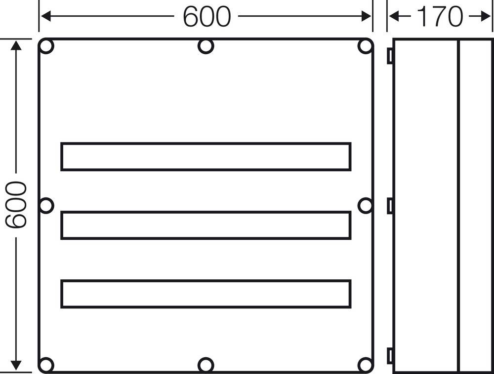 Technický výkres obdélníkové krabice s rozměry 600x600 mm na přední straně a 170 mm na boční straně.