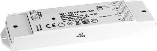 LED RF stmívač X4 v bílém obdélníkovém pouzdře, na jehož horní straně jsou vyznačeny technické specifikace a symboly.