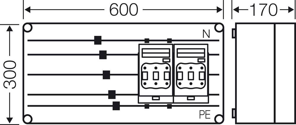 Technický výkres elektrické rozvodné skříně s rozměry: 600 mm šířka, 300 mm výška, 170 mm hloubka, včetně PE a N připojení.